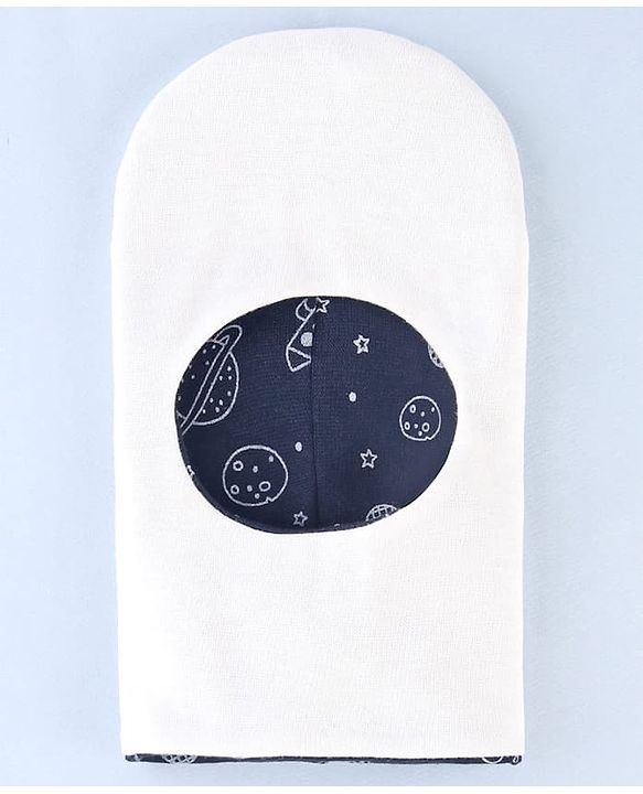 Babyhug Cotton Knit Reversible Monkey Cap With Star Design Navy Blue - Diameter 14.5 cm