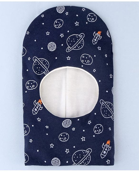 Babyhug Cotton Knit Reversible Monkey Cap With Star Design Navy Blue - Diameter 14.5 cm