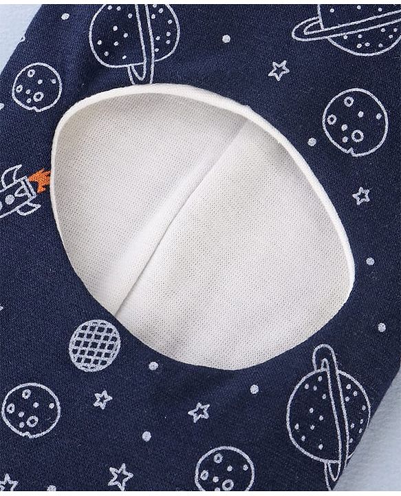 Babyhug Cotton Knit Reversible Monkey Cap With Star Design Navy Blue - Diameter 14.5 cm