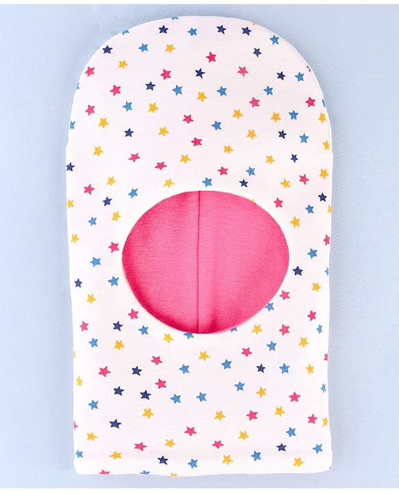 Babyhug Cotton Knit Reversible Monkey Cap With Star Design Dark Pink - Diameter 14.5 cm