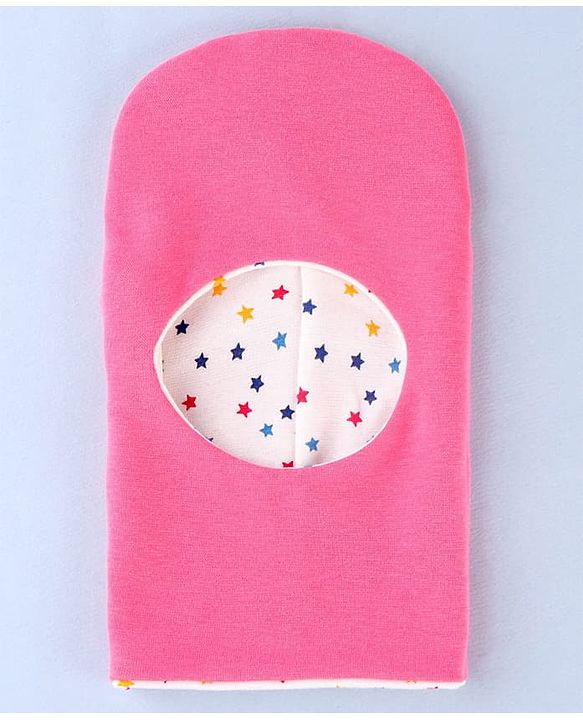 Babyhug Cotton Knit Reversible Monkey Cap With Star Design Dark Pink - Diameter 14.5 cm