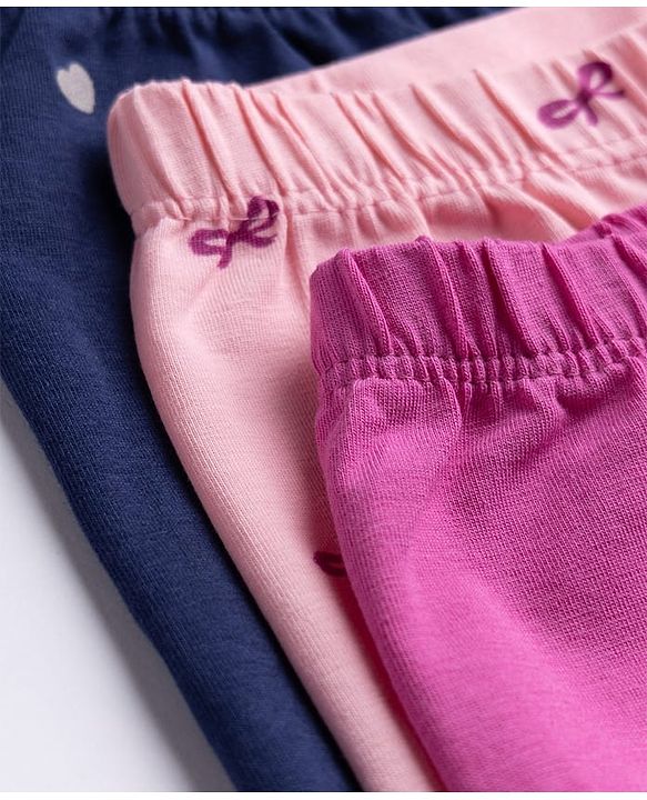 Babyhug Cotton Lycra Knit Full Length Hearts & Bow Printed Leggings Pack Of 3 - Navy Blue & Dark Pink