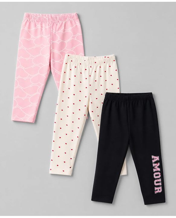 Babyhug Cotton Lycra Knit Full Length Leggings with Hearts & Text Print Pack of 3 - Pink Black & White