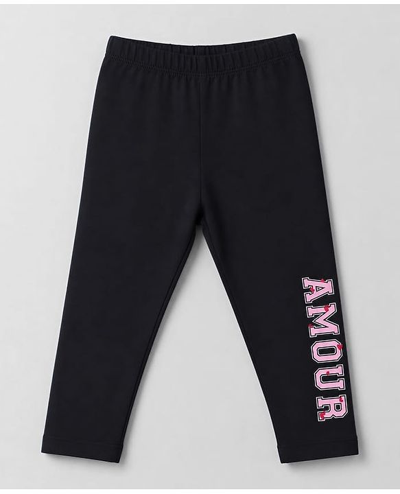 Babyhug Cotton Lycra Knit Full Length Leggings with Hearts & Text Print Pack of 3 - Pink Black & White