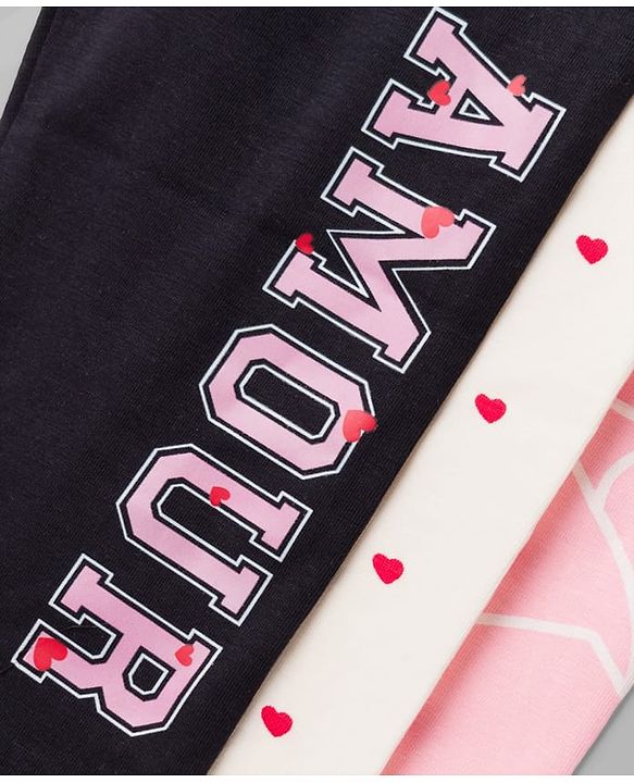 Babyhug Cotton Lycra Knit Full Length Leggings with Hearts & Text Print Pack of 3 - Pink Black & White