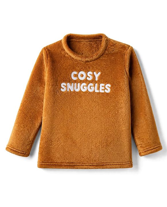 Babyhug Velour Knit Full Sleeves T-Shirt & Pajama Winter Night Suit with Cosy Snuggles in Brown