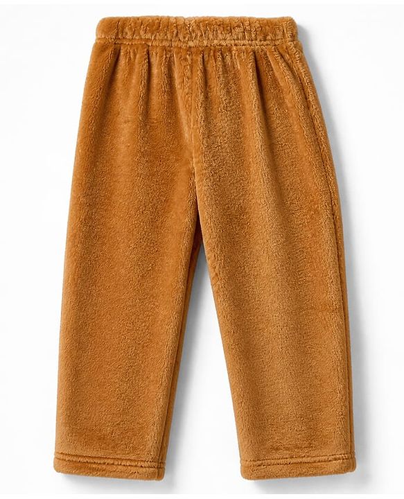 Babyhug Velour Knit Full Sleeves T-Shirt & Pajama Winter Night Suit with Cosy Snuggles in Brown