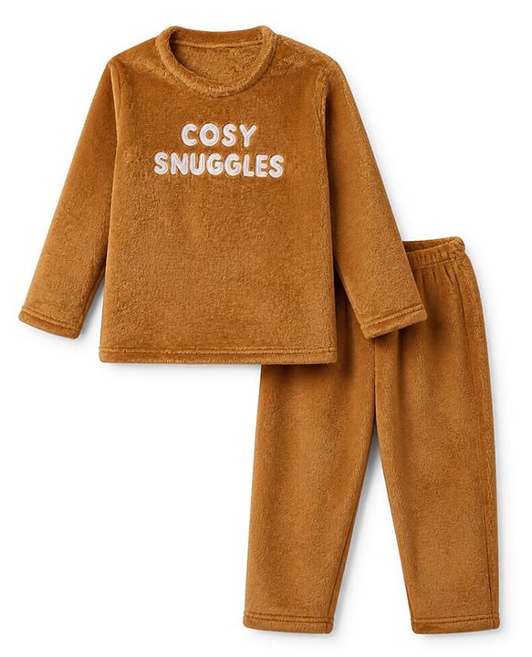 Babyhug Velour Knit Full Sleeves T-Shirt & Pajama Winter Night Suit with Cosy Snuggles in Brown