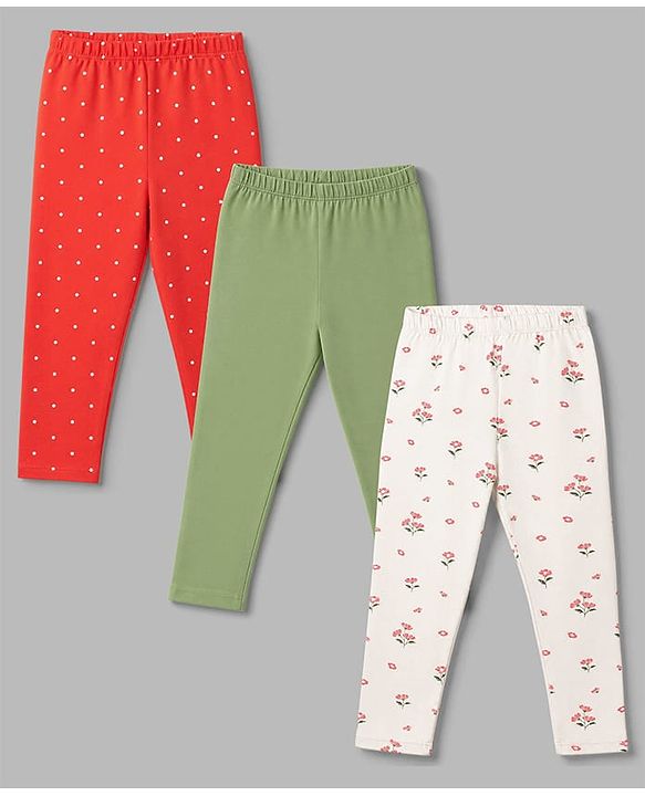 Babyhug Cotton Lycra Knit Full Length Leggings With Polka Dot & Floral Print Pack of 3 - Red, White & Green