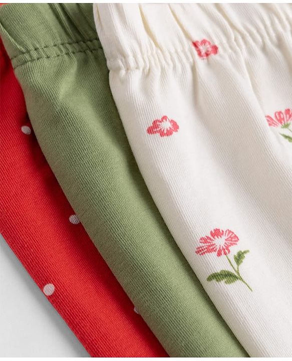 Babyhug Cotton Lycra Knit Full Length Leggings With Polka Dot & Floral Print Pack of 3 - Red, White & Green