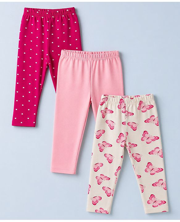 Babyhug Cotton Lycra Knit Full Length Leggings with Hearts & Butterfly Print Pack of 3 - Pink & White