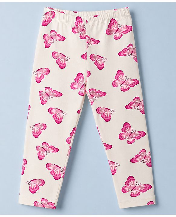 Babyhug Cotton Lycra Knit Full Length Leggings with Hearts & Butterfly Print Pack of 3 - Pink & White