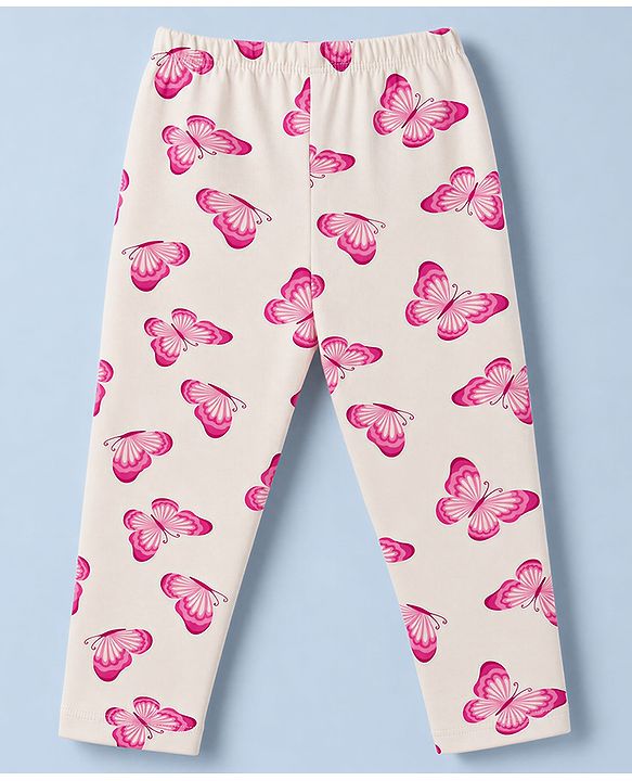 Babyhug Cotton Lycra Knit Full Length Leggings with Hearts & Butterfly Print Pack of 3 - Pink & White