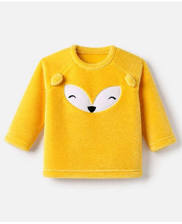 Babyhug Velour Knit Full Raglan Sleeves T-Shirt & Pajama Winter Night Suit with Fox Patch & Applique - Yellow