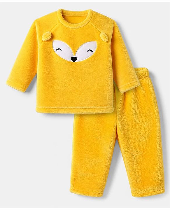 Babyhug Velour Knit Full Raglan Sleeves T-Shirt & Pajama Winter Night Suit with Fox Patch & Applique - Yellow