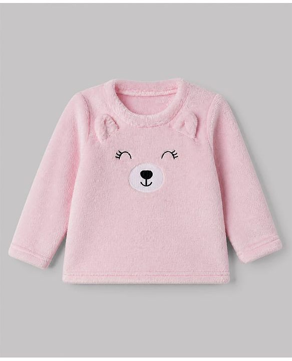 Babyhug Velour Knit Full Sleeves T-Shirt & Pajama Winter Night Suit with Bear Patch in Pink