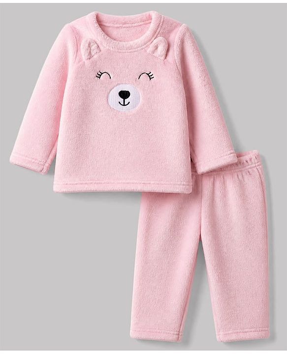 Babyhug Velour Knit Full Sleeves T-Shirt & Pajama Winter Night Suit with Bear Patch in Pink