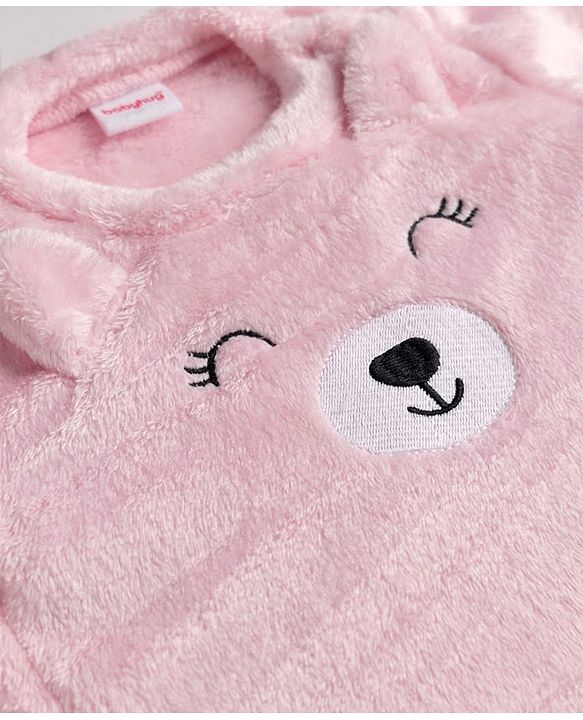 Babyhug Velour Knit Full Sleeves T-Shirt & Pajama Winter Night Suit with Bear Patch in Pink
