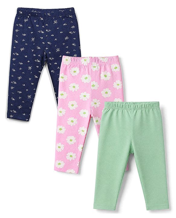 Babyhug Cotton Elastane Knit Full Length Slim Fit Leggings With Floral Print Pack of 3 - Pink Green Navy Blue