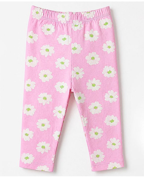 Babyhug Cotton Elastane Knit Full Length Slim Fit Leggings With Floral Print Pack of 3 - Pink Green Navy Blue