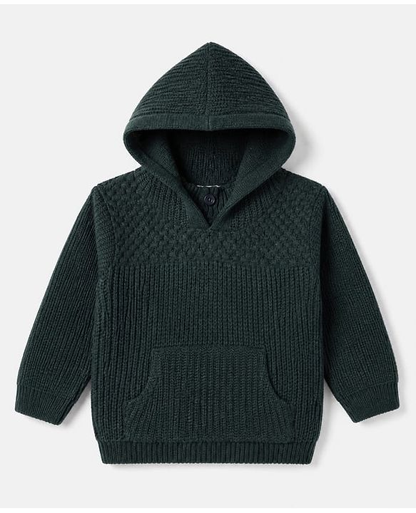 Babyhug Knit Hooded Sweater with Full Sleeves in Olive Green