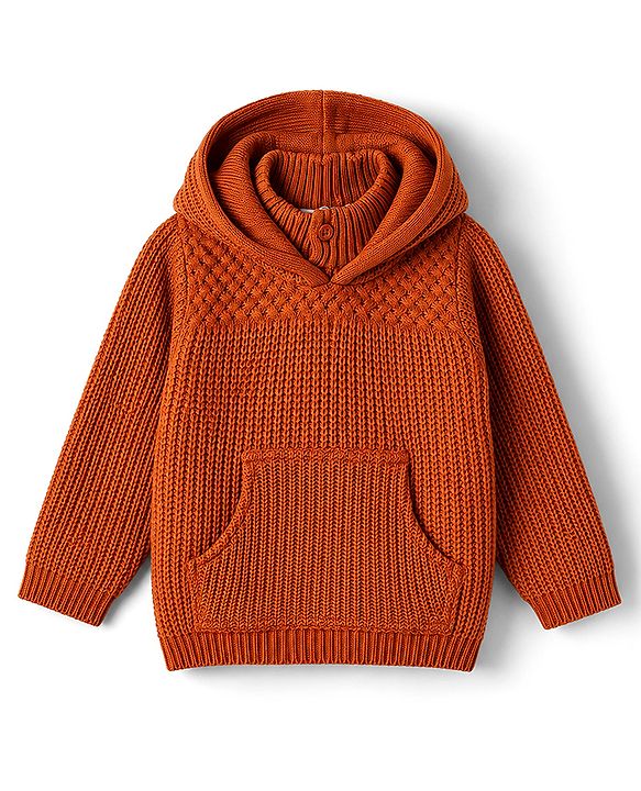 Babyhug Knit Full Sleeves Hooded Solid Sweater - Rust Orange