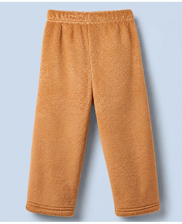 Babyhug Velour Knit Full Sleeves T-Shirt & Pajama Winter Night Suit with Bear Patch - Brown