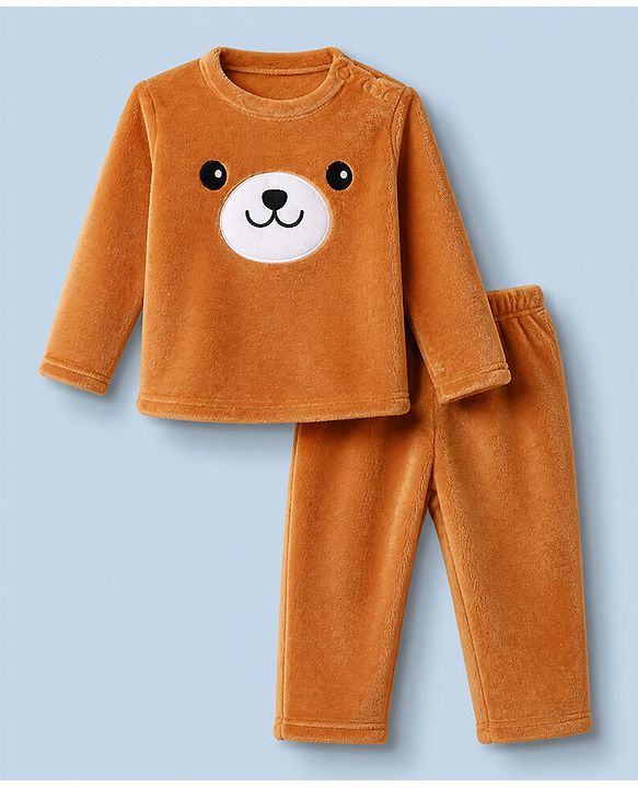Babyhug Velour Knit Full Sleeves T-Shirt & Pajama Winter Night Suit with Bear Patch - Brown