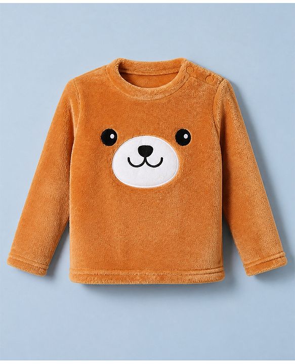 Babyhug Velour Knit Full Sleeves T-Shirt & Pajama Winter Night Suit with Bear Patch - Brown