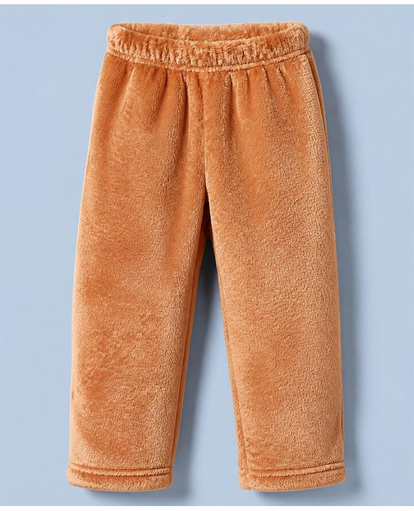 Babyhug Velour Knit Full Sleeves T-Shirt & Pajama Winter Night Suit with Bear Patch - Brown