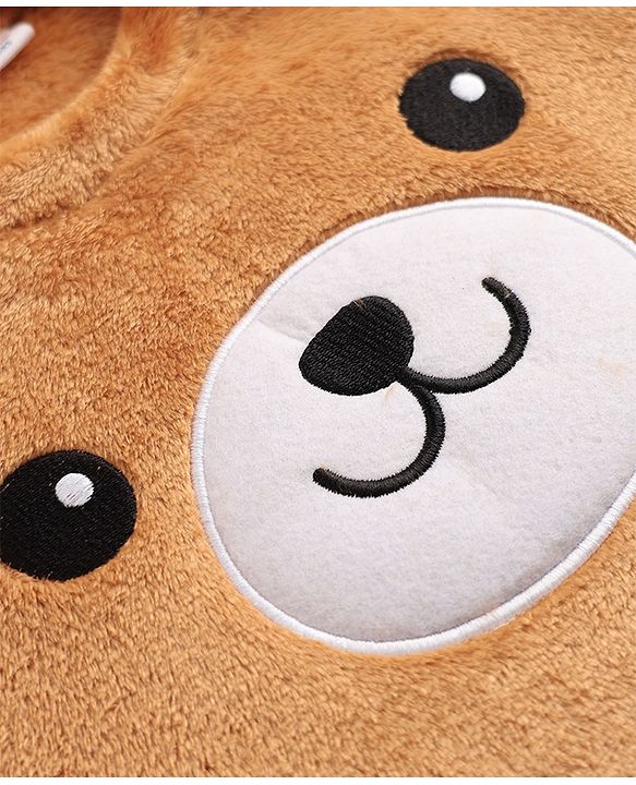 Babyhug Velour Knit Full Sleeves T-Shirt & Pajama Winter Night Suit with Bear Patch - Brown