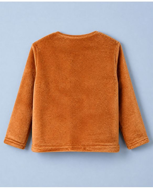 Babyhug Velour Knit Full Sleeves T-Shirt & Pajama Winter Night Suit with Bear Patch - Brown