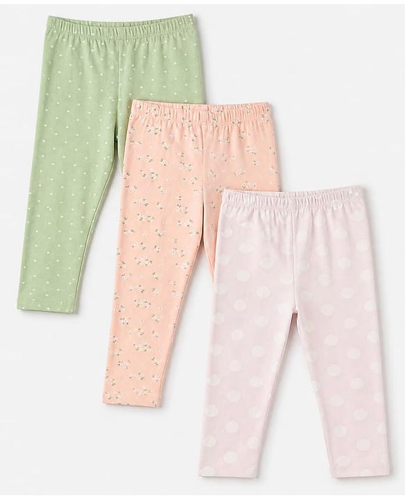 Babyhug Cotton Lycra Elastane Knit Slim Fit Full Length Solid Leggings with Floral & Polka Dots Print Pack of 3 - Peach, Baby Pink & Light Green