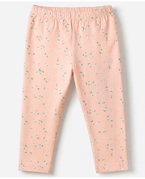 Babyhug Cotton Lycra Elastane Knit Slim Fit Full Length Solid Leggings with Floral & Polka Dots Print Pack of 3 - Peach, Baby Pink & Light Green