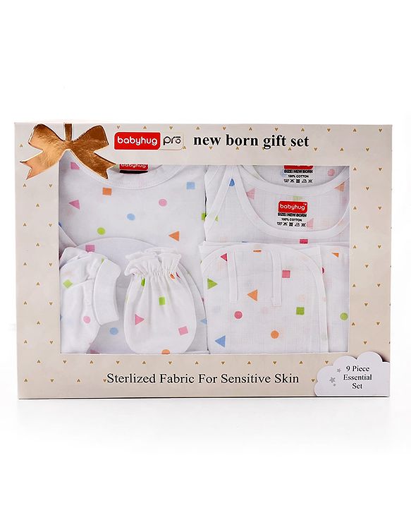 Babyhug 100% Cotton Sterilized Newborn Starter Gift set Pack of 9 - White