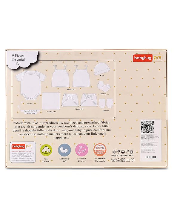 Babyhug 100% Cotton Sterilized Newborn Starter Gift set Pack of 9 - White