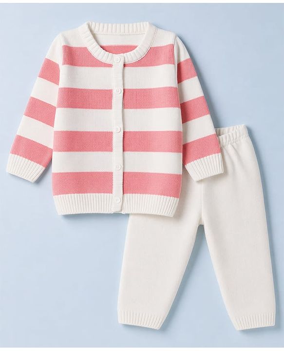 Babyhug Knit Full Sleeves Striped Sweater Set - White