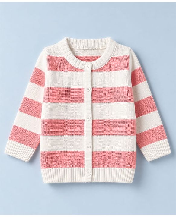 Babyhug Knit Full Sleeves Striped Sweater Set - White