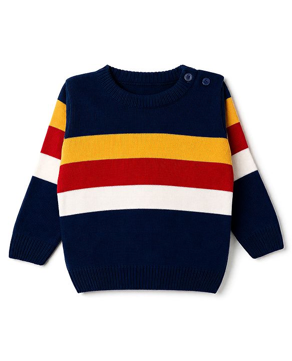 Babyhug Knit Full Sleeves Striped Sweater Set - Navy Blue