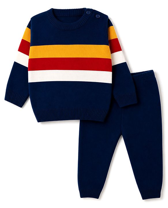 Babyhug Knit Full Sleeves Striped Sweater Set - Navy Blue