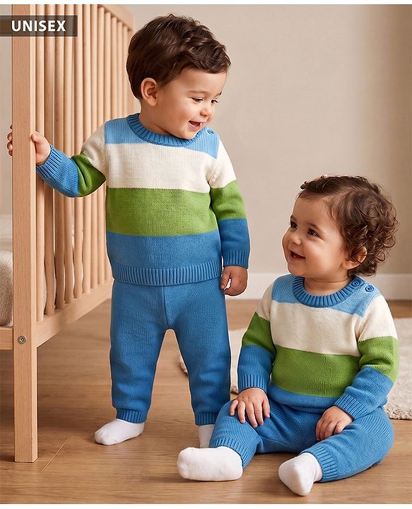 Babyhug Knit Full Sleeves Striped Sweater Set - Blue