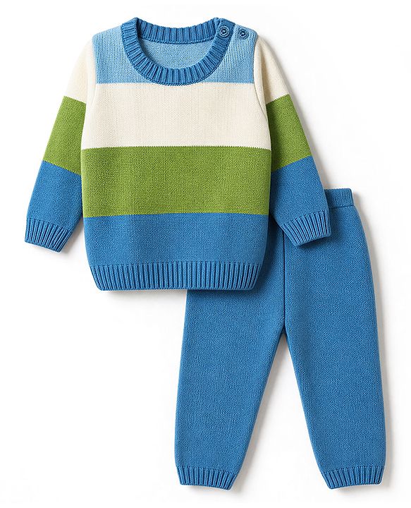 Babyhug Knit Full Sleeves Striped Sweater Set - Blue