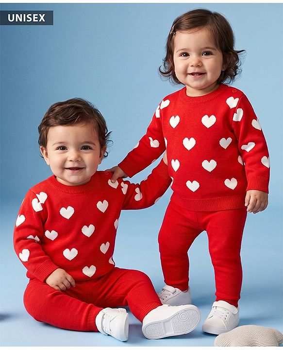 Babyhug Knit Full Sleeves Heart Printed Sweater Set- Red
