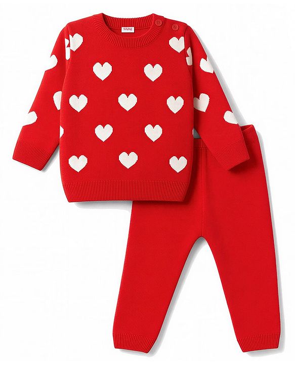 Babyhug Knit Full Sleeves Heart Printed Sweater Set- Red