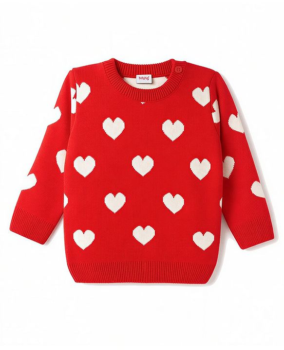 Babyhug Knit Full Sleeves Heart Printed Sweater Set- Red