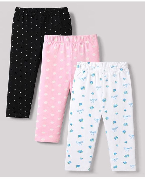 Babyhug Cotton Lycra Knit Full Length Leggings With Floral Print & Polka Dots Pack Of 3 - Black Pink & White