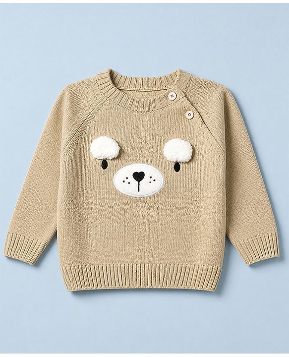 Babyhug Knit Full Sleeves Sweater and Pant with Bear 3D Applique in Beige for 0-3 Months