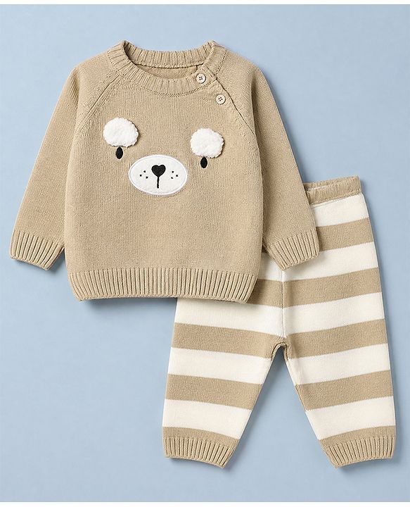 Babyhug Knit Full Sleeves Sweater and Pant with Bear 3D Applique in Beige for 0-3 Months