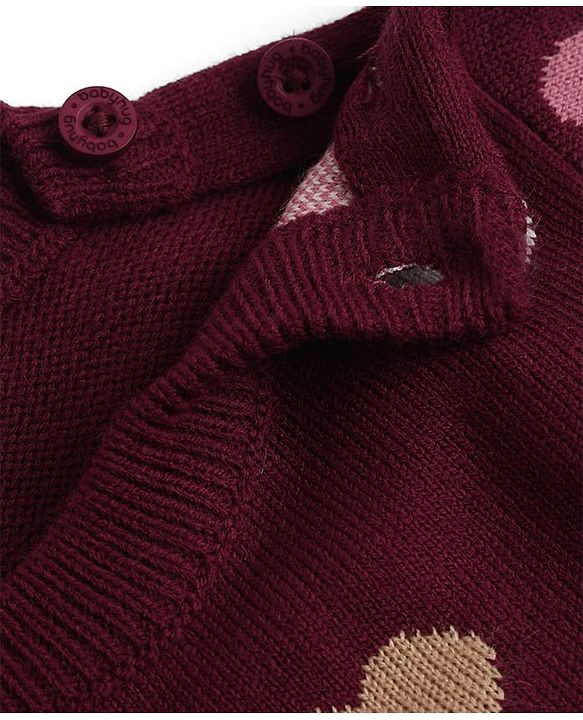 Babyhug Knit Full Sleeves Sweater Set with Full Length and Hearts Design in Wine