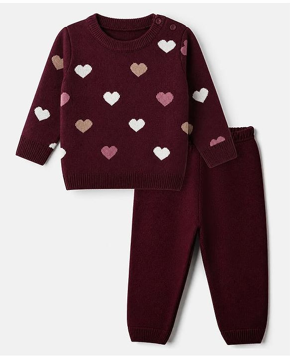 Babyhug Knit Full Sleeves Sweater Set with Full Length and Hearts Design in Wine